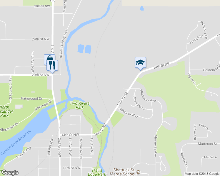 map of restaurants, bars, coffee shops, grocery stores, and more near 1800 14th Street Northeast in Faribault