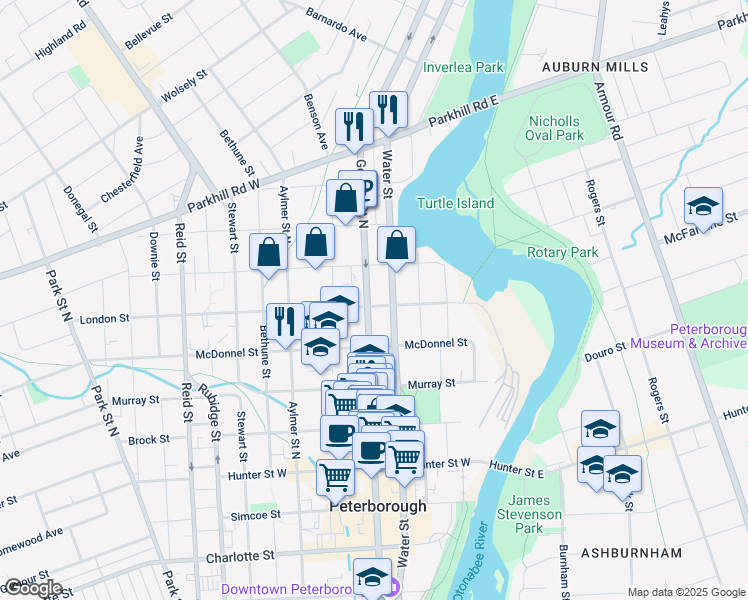 map of restaurants, bars, coffee shops, grocery stores, and more near 142 London Street in Peterborough
