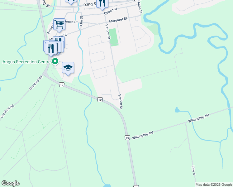 map of restaurants, bars, coffee shops, grocery stores, and more near 11 Vernon Street in Essa