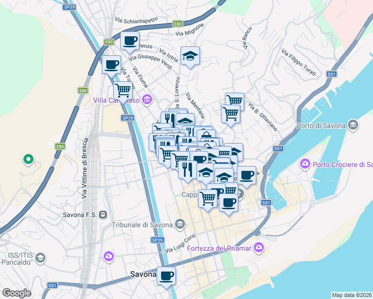 map of restaurants, bars, coffee shops, grocery stores, and more near 32 Piazza Aurelio Saffi in Savona