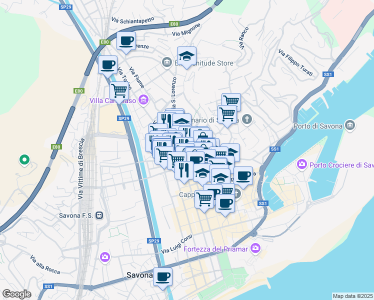 map of restaurants, bars, coffee shops, grocery stores, and more near 32 Piazza Aurelio Saffi in Savona