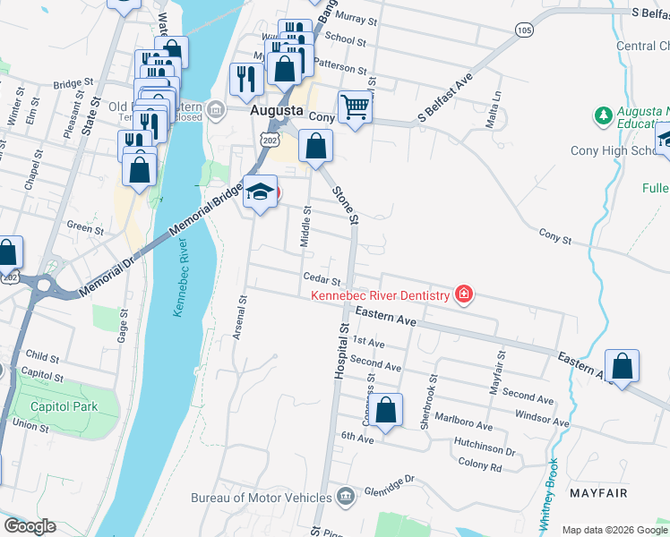 map of restaurants, bars, coffee shops, grocery stores, and more near 11 Cedar Court in Augusta