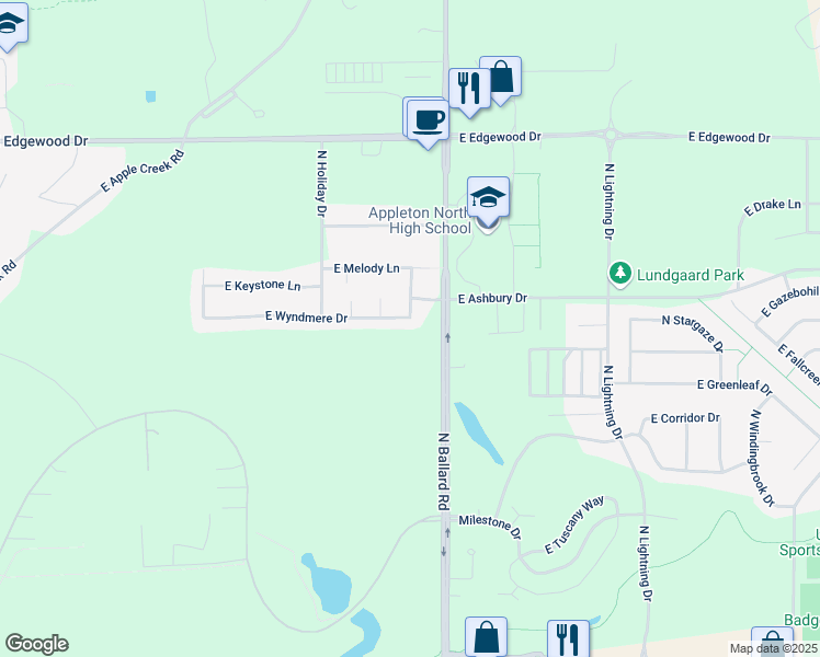 map of restaurants, bars, coffee shops, grocery stores, and more near 4700 Morningview Court in Appleton