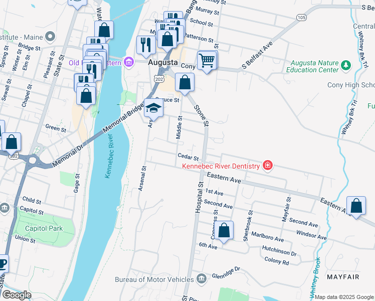 map of restaurants, bars, coffee shops, grocery stores, and more near 53 Middle Street in Augusta