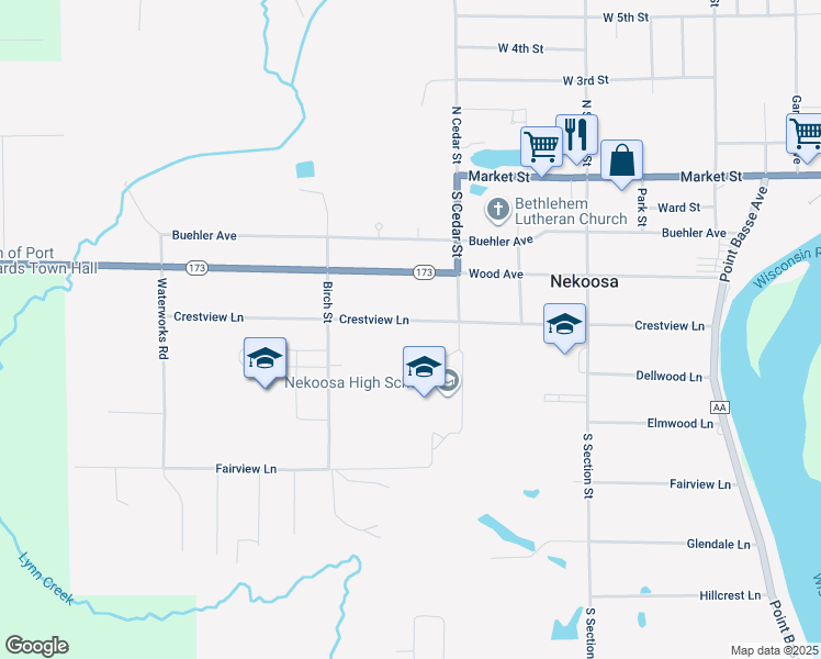 map of restaurants, bars, coffee shops, grocery stores, and more near 316 Crestview Lane in Nekoosa