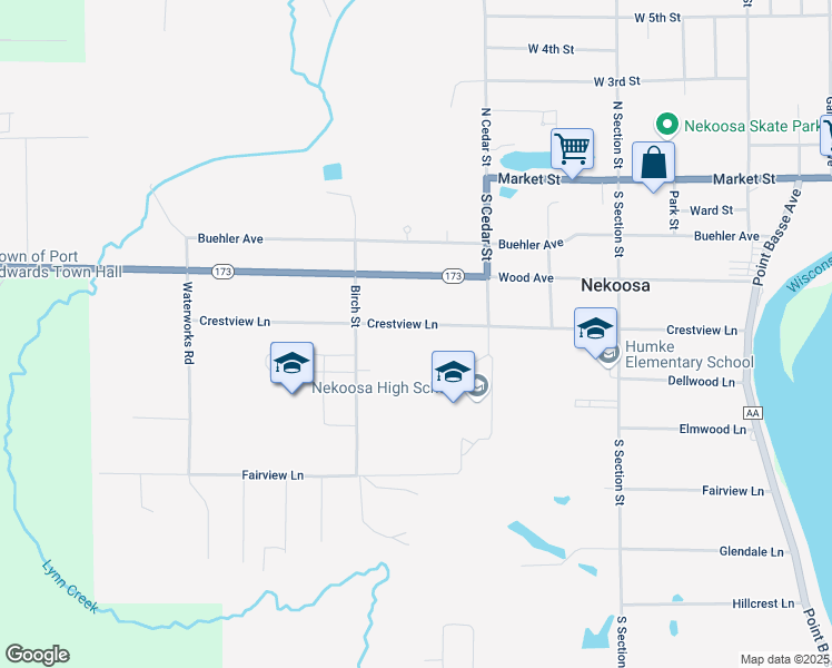 map of restaurants, bars, coffee shops, grocery stores, and more near 316 Crestview Lane in Nekoosa