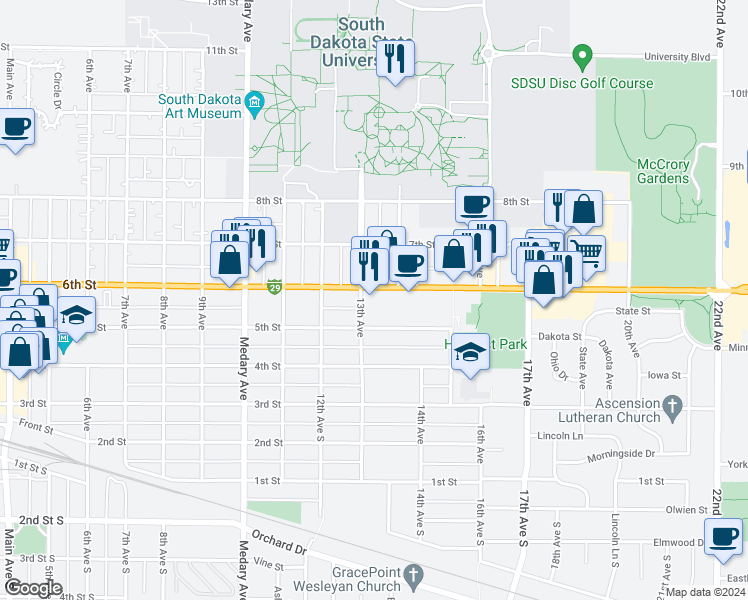 map of restaurants, bars, coffee shops, grocery stores, and more near 1321 6th Street in Brookings