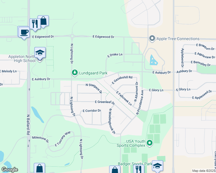 map of restaurants, bars, coffee shops, grocery stores, and more near 2845 E. LucyLu Ct in Appleton