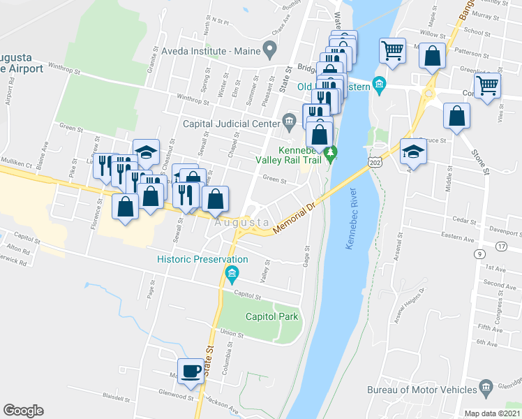 map of restaurants, bars, coffee shops, grocery stores, and more near 399 Grove Street in Augusta
