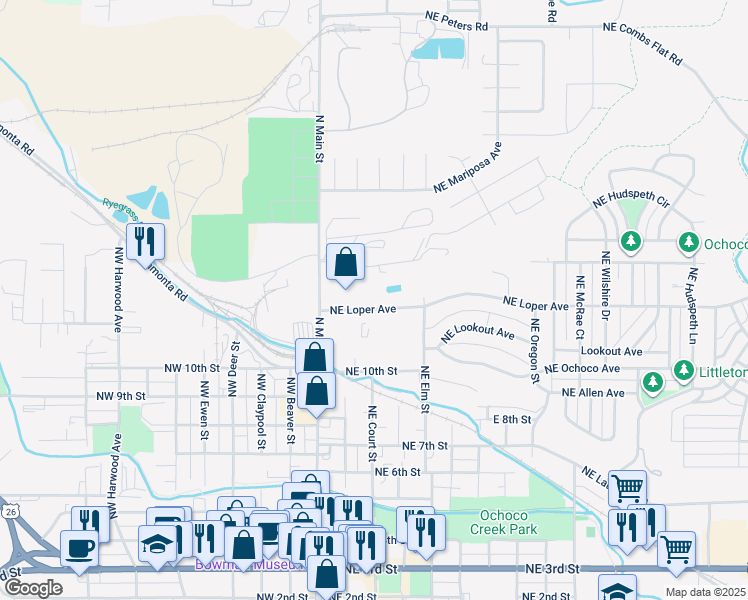 map of restaurants, bars, coffee shops, grocery stores, and more near 280 Northeast 13th Street in Prineville
