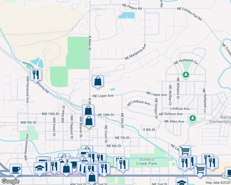 map of restaurants, bars, coffee shops, grocery stores, and more near 405 Northeast Loper Avenue in Prineville