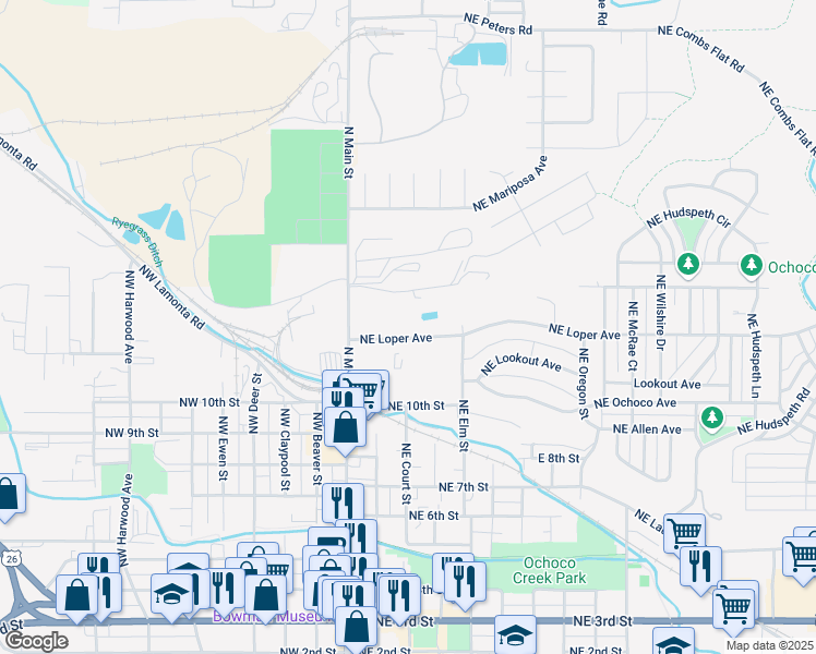 map of restaurants, bars, coffee shops, grocery stores, and more near 280 Northeast 13th Street in Prineville