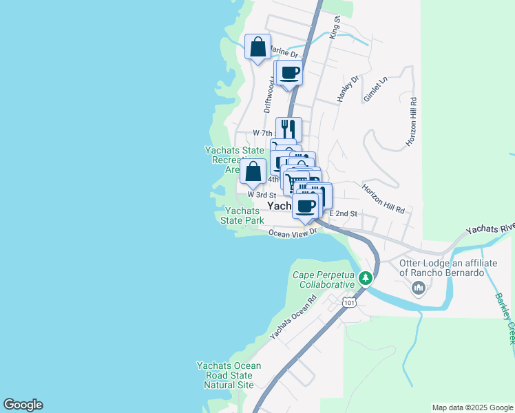 map of restaurants, bars, coffee shops, grocery stores, and more near 472 3rd Street in Yachats