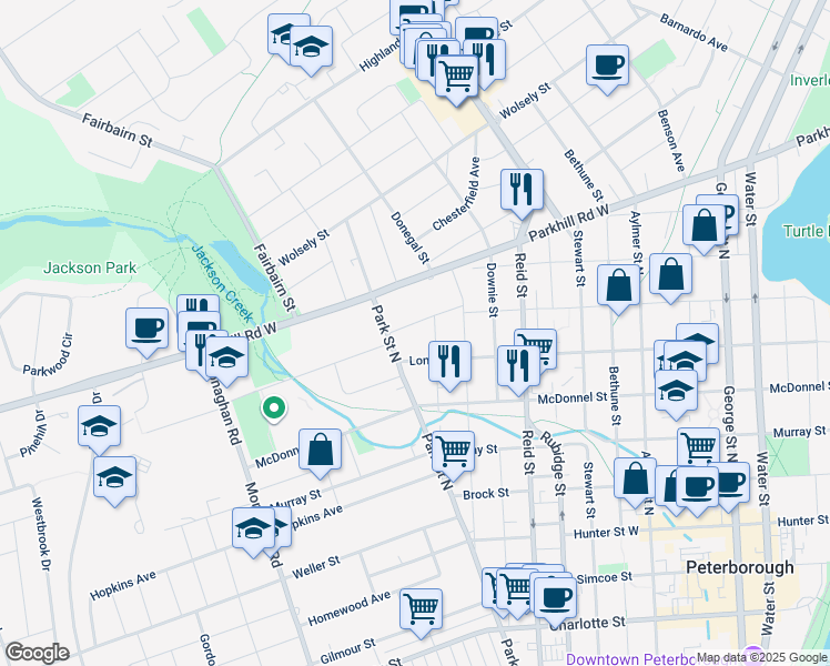 map of restaurants, bars, coffee shops, grocery stores, and more near 440 Dublin Street in Peterborough