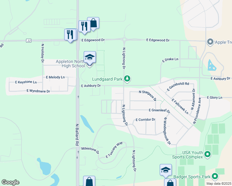 map of restaurants, bars, coffee shops, grocery stores, and more near 2401 East Ashbury Drive in Appleton