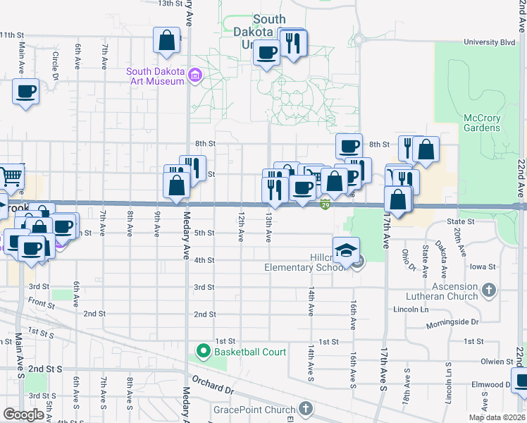 map of restaurants, bars, coffee shops, grocery stores, and more near 1210 6th Street in Brookings