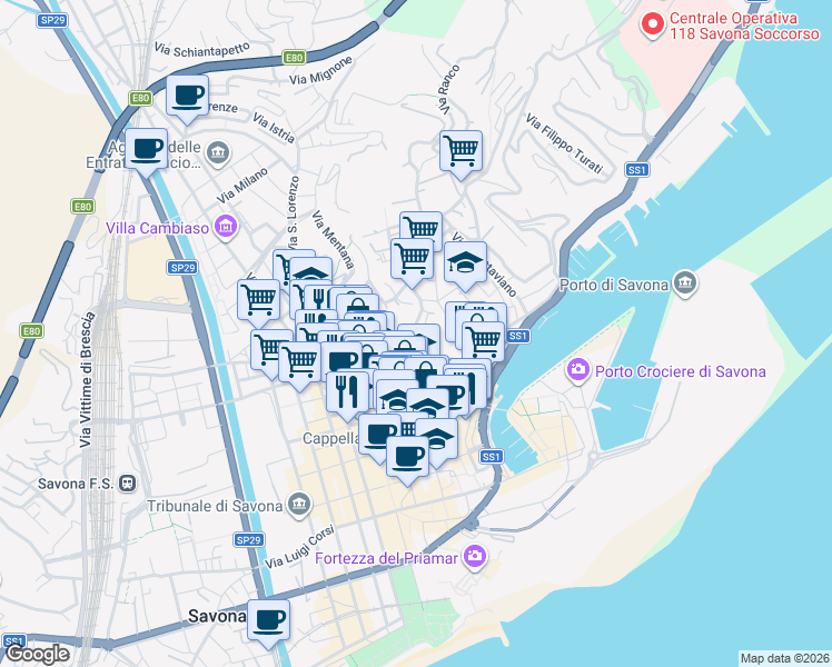 map of restaurants, bars, coffee shops, grocery stores, and more near Via dello Sperone in Savona