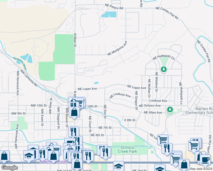 map of restaurants, bars, coffee shops, grocery stores, and more near 405 Northeast Loper Avenue in Prineville