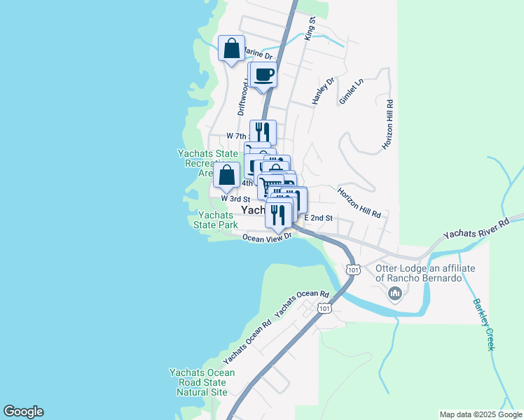 map of restaurants, bars, coffee shops, grocery stores, and more near in Yachats