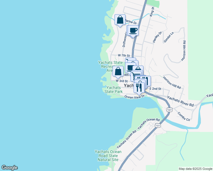 map of restaurants, bars, coffee shops, grocery stores, and more near 563 West 3rd Street in Yachats