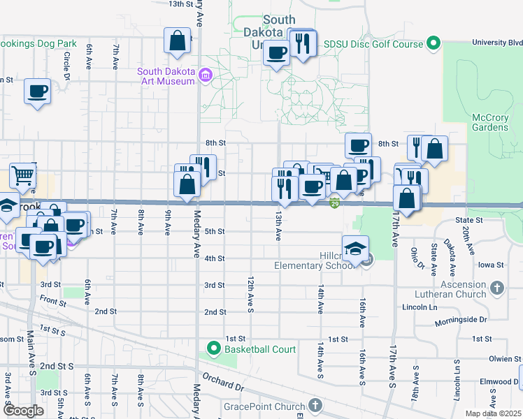 map of restaurants, bars, coffee shops, grocery stores, and more near 1210 6th Street in Brookings