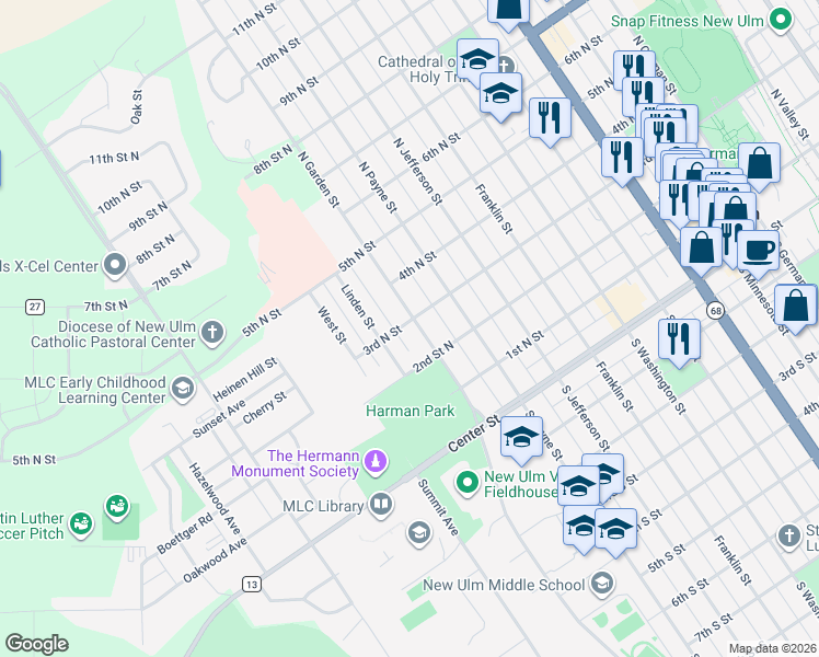 map of restaurants, bars, coffee shops, grocery stores, and more near 300 North Garden Street in New Ulm