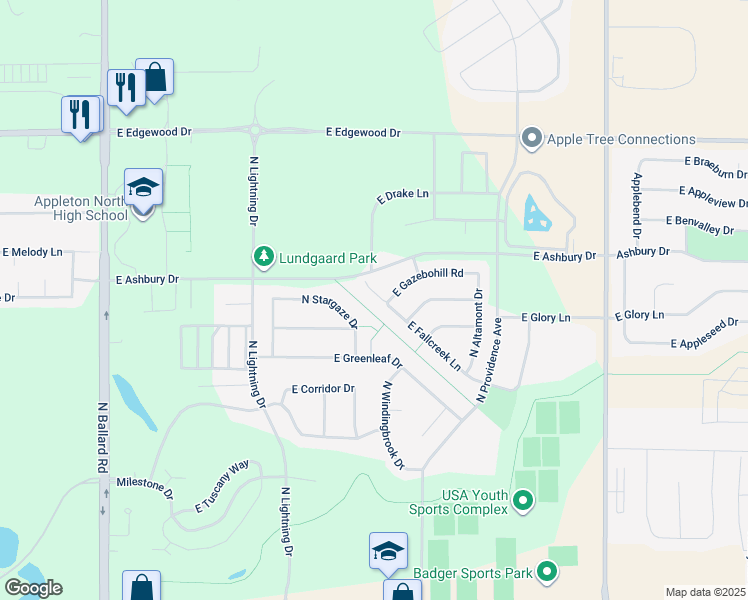map of restaurants, bars, coffee shops, grocery stores, and more near 2845 E. LucyLu Ct in Appleton