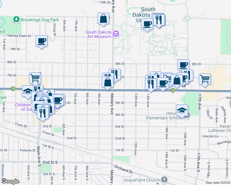 map of restaurants, bars, coffee shops, grocery stores, and more near 1004 6th Street in Brookings