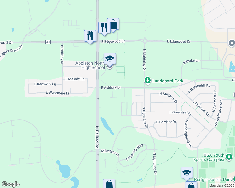 map of restaurants, bars, coffee shops, grocery stores, and more near 4847 North Latitude Lane in Appleton