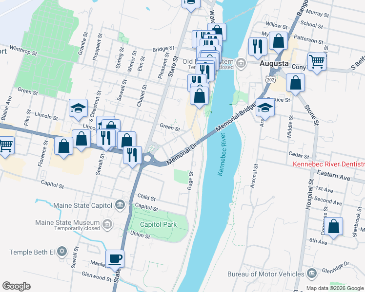 map of restaurants, bars, coffee shops, grocery stores, and more near 11 Swan Street in Augusta