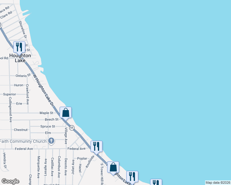 map of restaurants, bars, coffee shops, grocery stores, and more near 6059 Michigan 55 in Houghton Lake