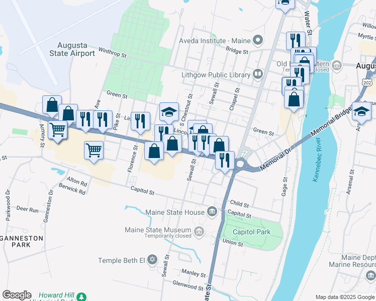 map of restaurants, bars, coffee shops, grocery stores, and more near 39 Western Avenue in Augusta