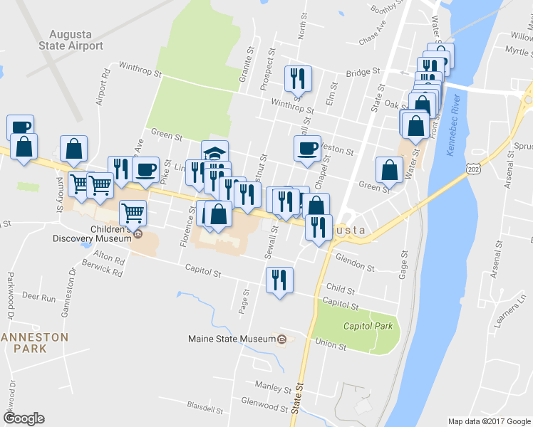 map of restaurants, bars, coffee shops, grocery stores, and more near 39 Western Avenue in Augusta