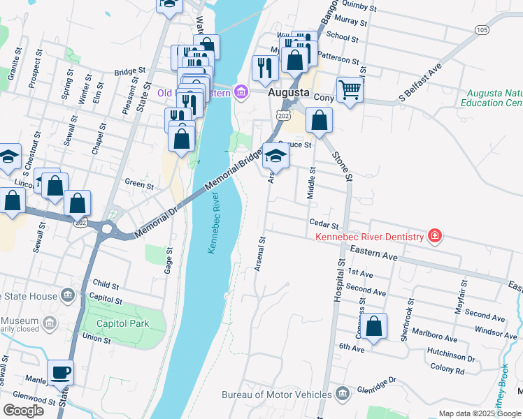 map of restaurants, bars, coffee shops, grocery stores, and more near 76 Arsenal Street in Augusta