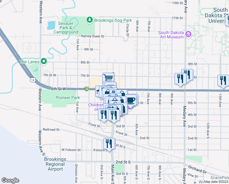 map of restaurants, bars, coffee shops, grocery stores, and more near in Brookings