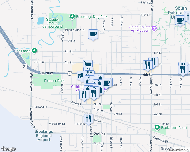 map of restaurants, bars, coffee shops, grocery stores, and more near 526 Main Avenue in Brookings