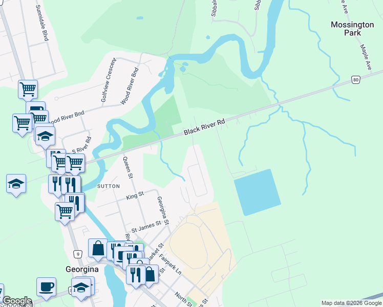 map of restaurants, bars, coffee shops, grocery stores, and more near 27 Scotia Road in Georgina