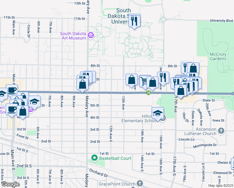 map of restaurants, bars, coffee shops, grocery stores, and more near 1210 6th Street in Brookings