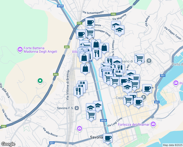map of restaurants, bars, coffee shops, grocery stores, and more near 40 Corso Agostino Ricci in Savona