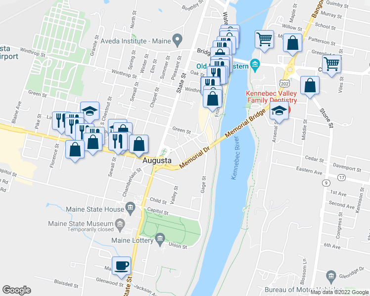 map of restaurants, bars, coffee shops, grocery stores, and more near 15 East Crescent Street in Augusta