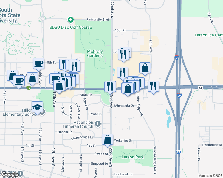 map of restaurants, bars, coffee shops, grocery stores, and more near 6th St & 22nd Ave in Brookings