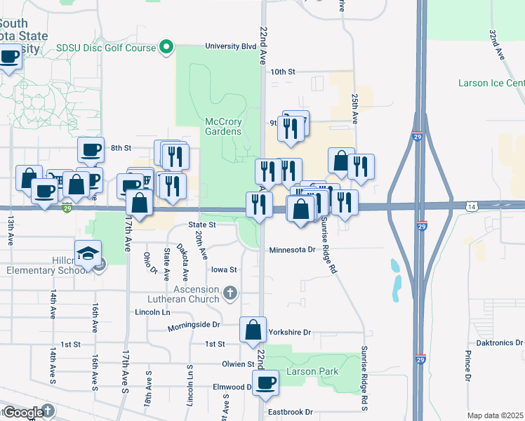 map of restaurants, bars, coffee shops, grocery stores, and more near 6th St & 22nd Ave in Brookings
