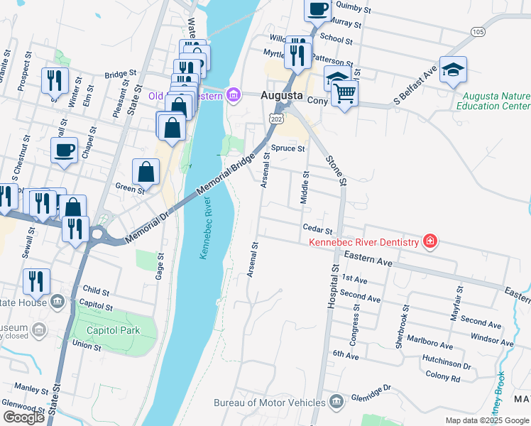 map of restaurants, bars, coffee shops, grocery stores, and more near 76 Arsenal Street in Augusta