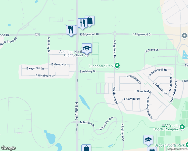 map of restaurants, bars, coffee shops, grocery stores, and more near 4821 North Latitude Lane in Appleton