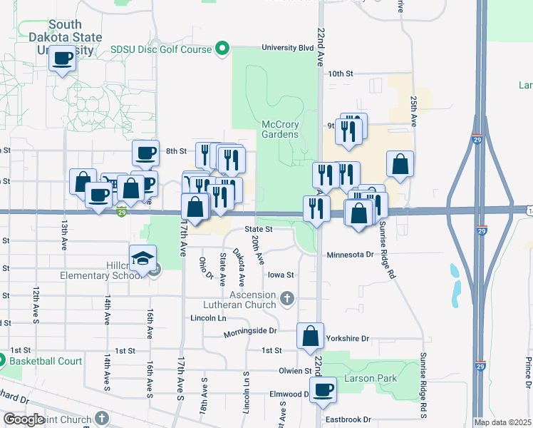 map of restaurants, bars, coffee shops, grocery stores, and more near 715 20th Avenue in Brookings