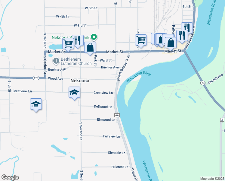 map of restaurants, bars, coffee shops, grocery stores, and more near 442 Point Basse Ave in Nekoosa