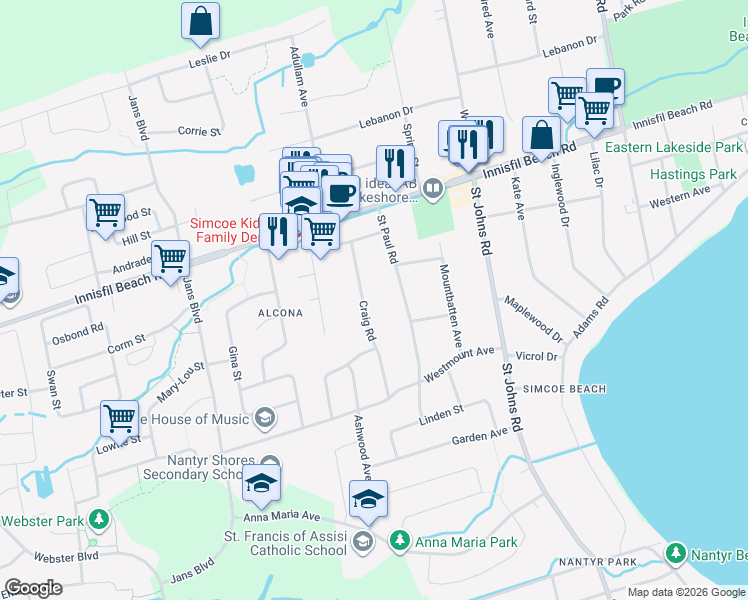 map of restaurants, bars, coffee shops, grocery stores, and more near 2035 Craig Road in Innisfil