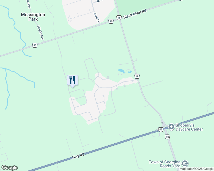map of restaurants, bars, coffee shops, grocery stores, and more near 131 Roxanna Drive in Georgina