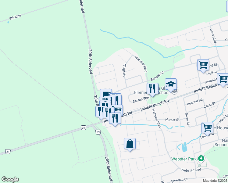 map of restaurants, bars, coffee shops, grocery stores, and more near in Innisfil