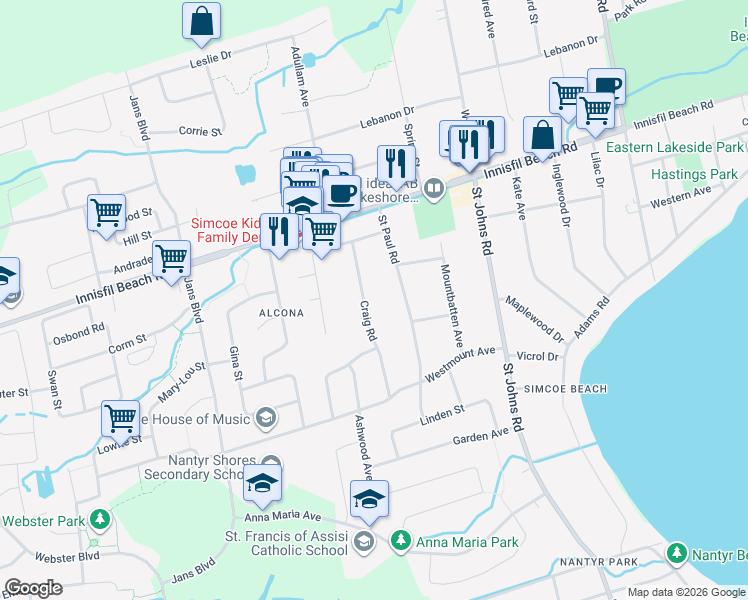 map of restaurants, bars, coffee shops, grocery stores, and more near 2035 Craig Road in Innisfil